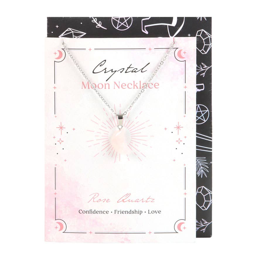 Collier de lune en cristal de quartz rose sur carte de vœux
