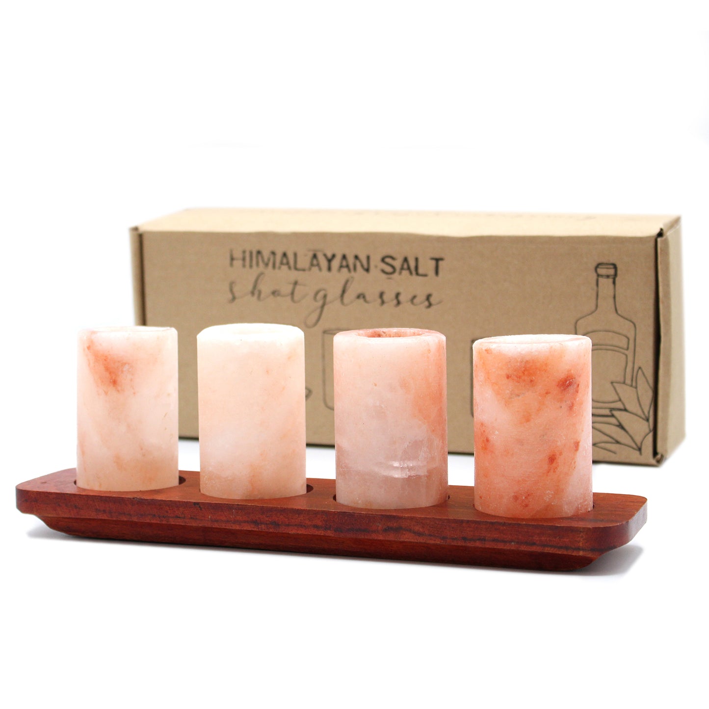 Ensemble de verres à liqueur en sel de l'Himalaya et support de service en bois