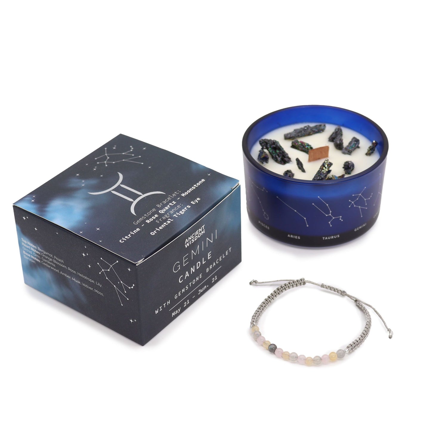 Bougie en cristal du zodiaque et bracelet de pierre - Gémeau