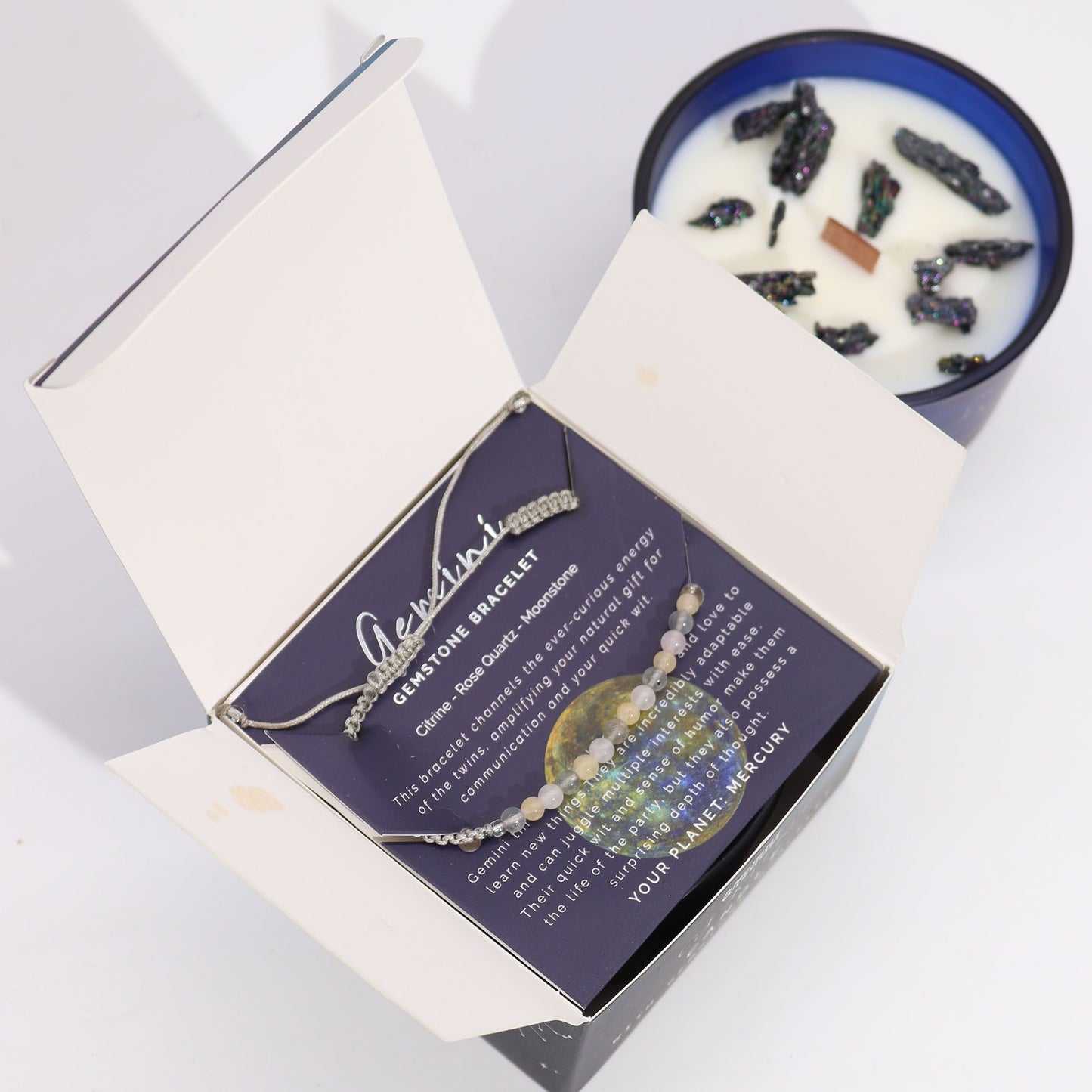 Bougie en cristal du zodiaque et bracelet de pierre - Gémeau