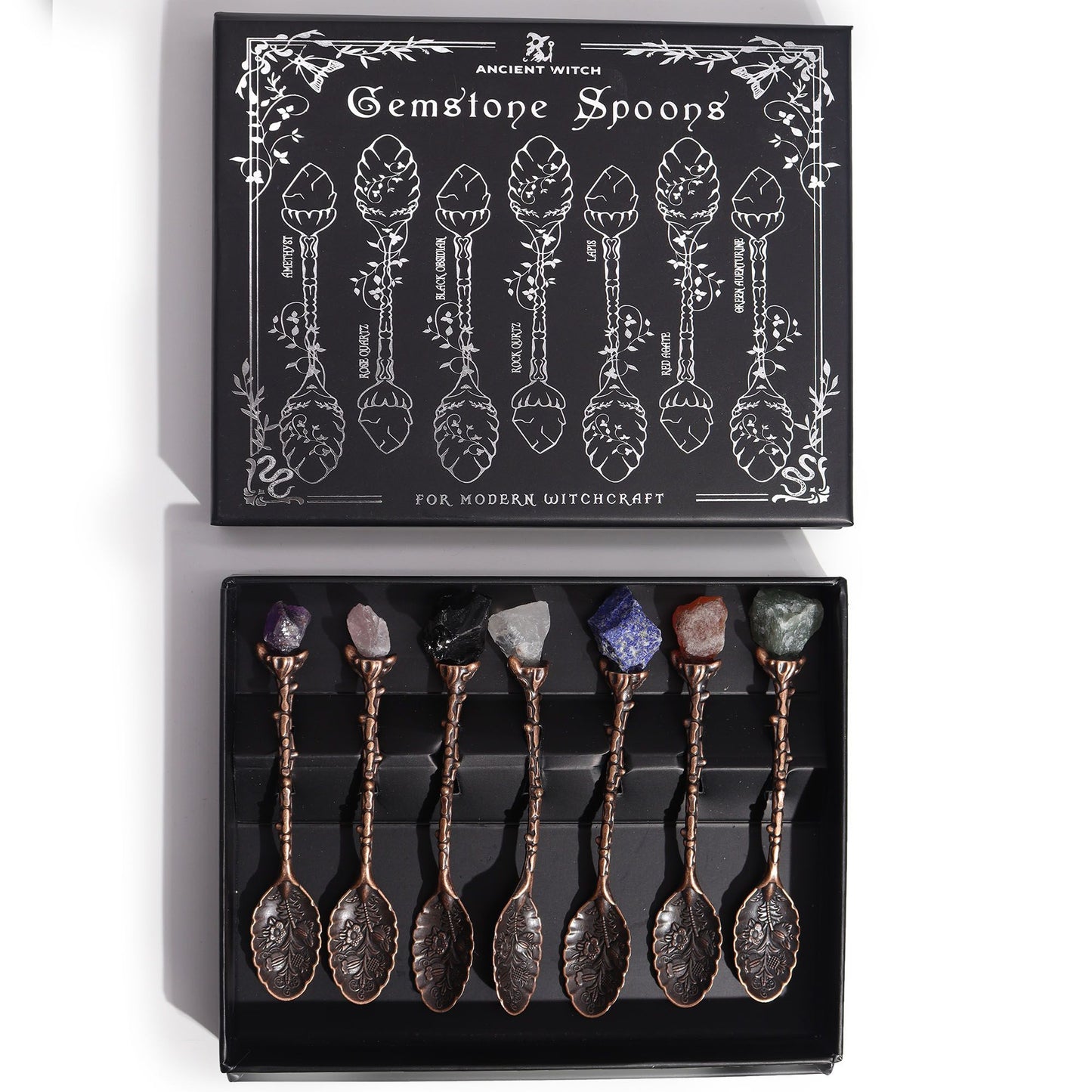 Ensemble de 7 cuillères de sorcière en bronze et cristal