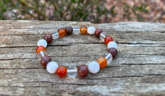 Bracelet spécial fertilité et fécondité - Cristal de Roche, Pierre de Lune, Cornaline, Jaspe Rouge